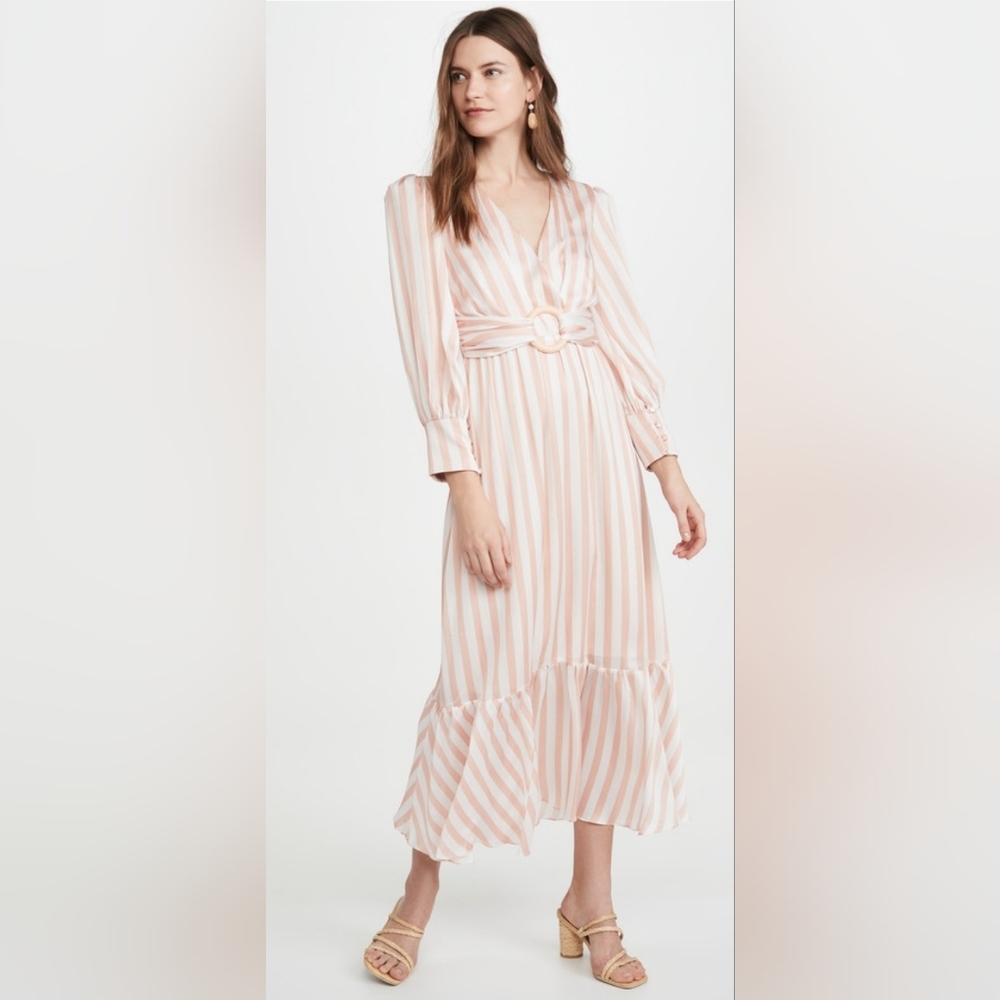 PatBO Women's Blush Peach Pink Striped Long Sleeve V Neck Midi Dress Size 6
